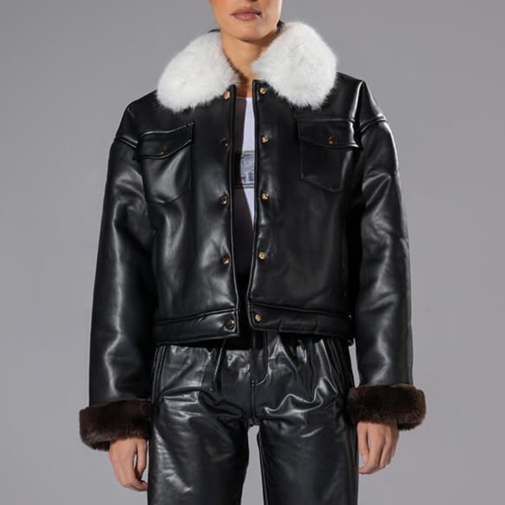 Miz Box Me Out Black Vegan Oversized Button-Up Coat w/ Fur Collar & Wrists L XL - Picture 5 of 9